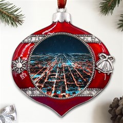 Aerial Shot Of Buildings Metal Snowflake And Bell Red Ornament by Modalart