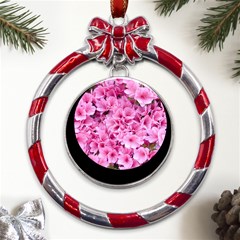 Beautiful Tree Flowers Metal Red Ribbon Round Ornament by 1212