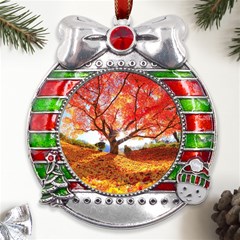 Beautiful Tree Flowers Metal X mas Ribbon With Red Crystal Round Ornament by 1212