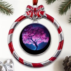 Beautiful Tree Flowers Metal Red Ribbon Round Ornament by 1212