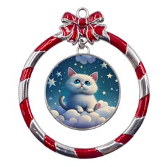 Cat On The Sky Metal Red Ribbon Round Ornament by 1212