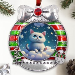 Cat On The Sky Metal X mas Ribbon With Red Crystal Round Ornament by 1212