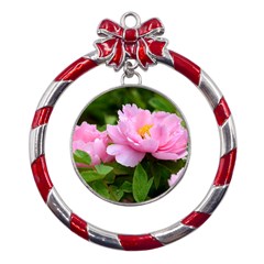 Beautiful Tree Flowers Metal Red Ribbon Round Ornament by 1212