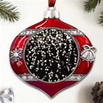 Christmas Bokeh Lights Background Metal Snowflake And Bell Red Ornament Front