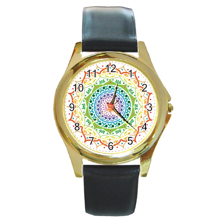 Mandala Pattern Rainbow Pride Round Gold Metal Watch