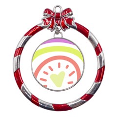 Rainbow Boho Colors Pastel Heart Metal Red Ribbon Round Ornament by Ndabl3x