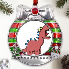 Dinosaur Dragon Drawing Cute Metal X mas Ribbon With Red Crystal Round Ornament by Ndabl3x