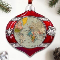 Vintage World Map Metal Snowflake And Bell Red Ornament by Ndabl3x