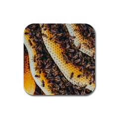 Yellow And Black Bees On Brown And Black Rubber Square Coaster (4 Pack) by Ndabl3x