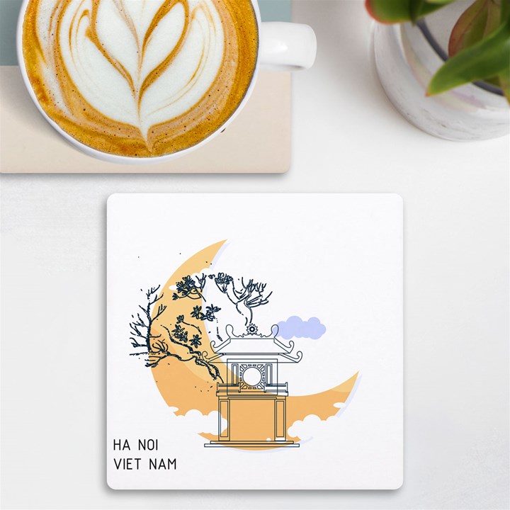 Poster Map Flag Lotus Boat Ha Noi Vietnam UV Print Square Tile Coaster 