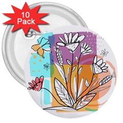 Flower Leaves Foliage Grass Doodle 3  Buttons (10 Pack)  by Grandong