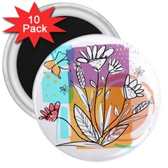 Flower Leaves Foliage Grass Doodle 3  Magnets (10 Pack)  by Grandong