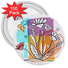 Flower Leaves Foliage Grass Doodle 3  Buttons (100 Pack)  by Grandong