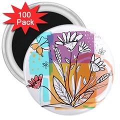 Flower Leaves Foliage Grass Doodle 3  Magnets (100 Pack) by Grandong