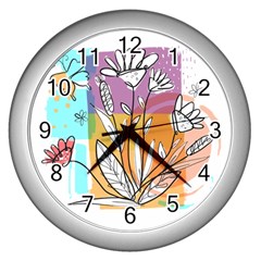 Flower Leaves Foliage Grass Doodle Wall Clock (Silver)