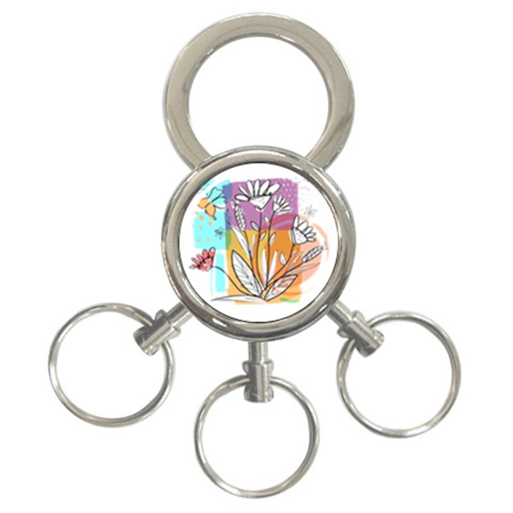 Flower Leaves Foliage Grass Doodle 3-Ring Key Chain