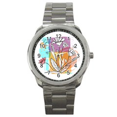 Flower Leaves Foliage Grass Doodle Sport Metal Watch by Grandong