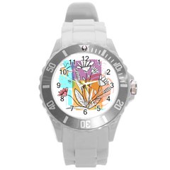 Flower Leaves Foliage Grass Doodle Round Plastic Sport Watch (L)