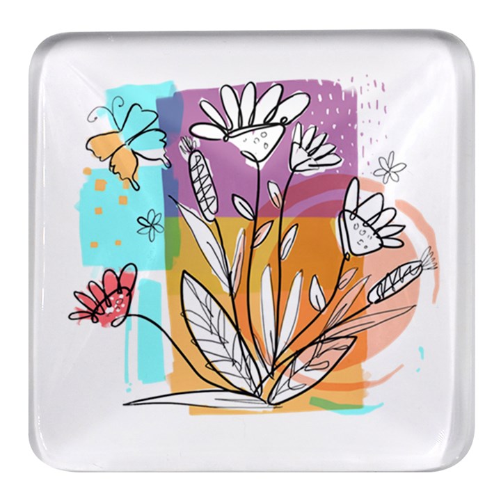 Flower Leaves Foliage Grass Doodle Square Glass Fridge Magnet (4 pack)