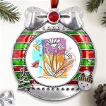 Flower Leaves Foliage Grass Doodle Metal X Mas Ribbon With Red Crystal Round Ornament Front