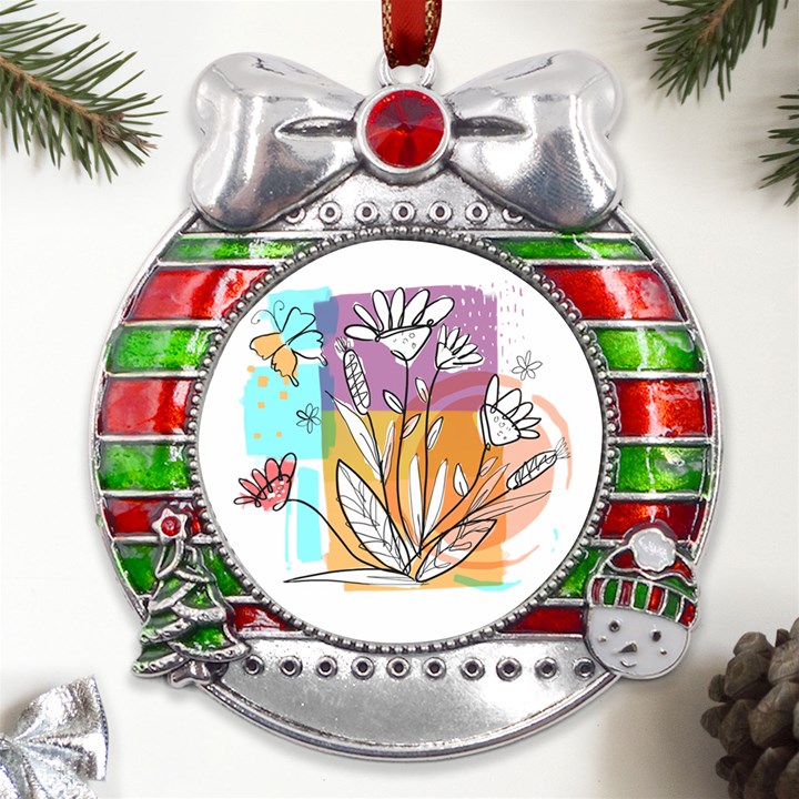 Flower Leaves Foliage Grass Doodle Metal X Mas Ribbon With Red Crystal Round Ornament