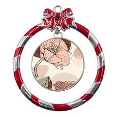 Abstract Flower Leaves Pattern Metal Red Ribbon Round Ornament by Grandong