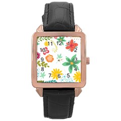 Flowers Leaves Background Floral Rose Gold Leather Watch  by Grandong