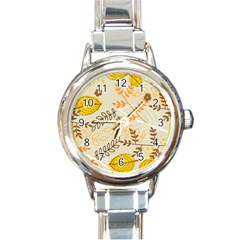 Leaves Flowers Background Pattern Round Italian Charm Watch by Grandong