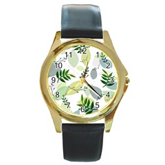 Leaves Foliage Pattern Abstract Round Gold Metal Watch by Grandong