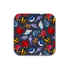 Sea Animals Pattern Wallpaper Fish Rubber Square Coaster (4 Pack) by Grandong