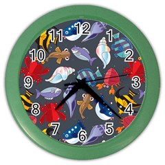 Sea Animals Pattern Wallpaper Fish Color Wall Clock by Grandong