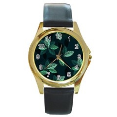 Leaves Foliage Plants Pattern Round Gold Metal Watch by Grandong