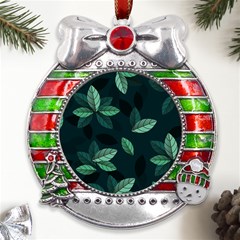 Leaves Foliage Plants Pattern Metal X Mas Ribbon With Red Crystal Round Ornament