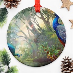 Peafowl Peacock Bird Birds Painting Art Wildlife Round Ornament (two Sides)