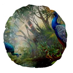 Peafowl Peacock Bird Birds Painting Art Wildlife Large 18  Premium Flano Round Cushions by Sarkoni