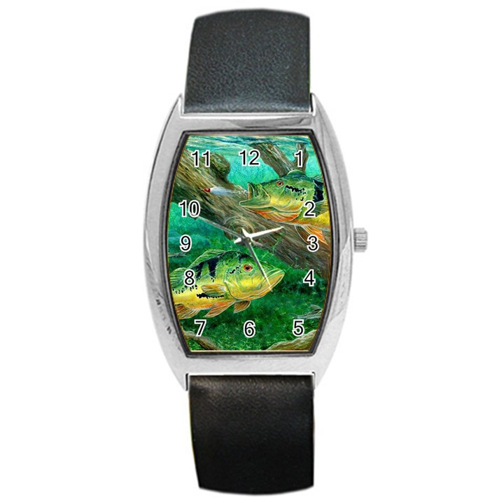 Peacock Bass Fishing Barrel Style Metal Watch