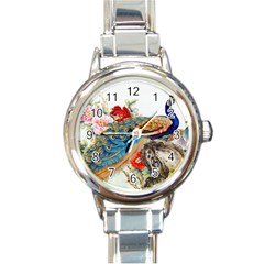 Birds Peacock Artistic Colorful Flower Painting Round Italian Charm Watch by Sarkoni