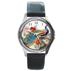 Birds Peacock Artistic Colorful Flower Painting Round Metal Watch