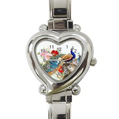 Birds Peacock Artistic Colorful Flower Painting Heart Italian Charm Watch