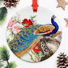 Birds Peacock Artistic Colorful Flower Painting Round Ornament (Two Sides)