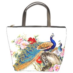 Birds Peacock Artistic Colorful Flower Painting Bucket Bag by Sarkoni