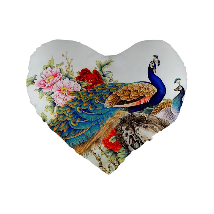 Birds Peacock Artistic Colorful Flower Painting Standard 16  Premium Heart Shape Cushions