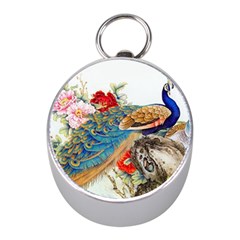 Birds Peacock Artistic Colorful Flower Painting Mini Silver Compasses by Sarkoni