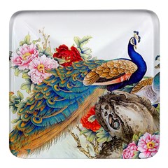 Birds Peacock Artistic Colorful Flower Painting Square Glass Fridge Magnet (4 Pack) by Sarkoni