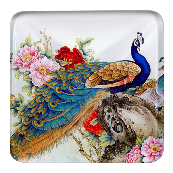 Birds Peacock Artistic Colorful Flower Painting Square Glass Fridge Magnet (4 pack)