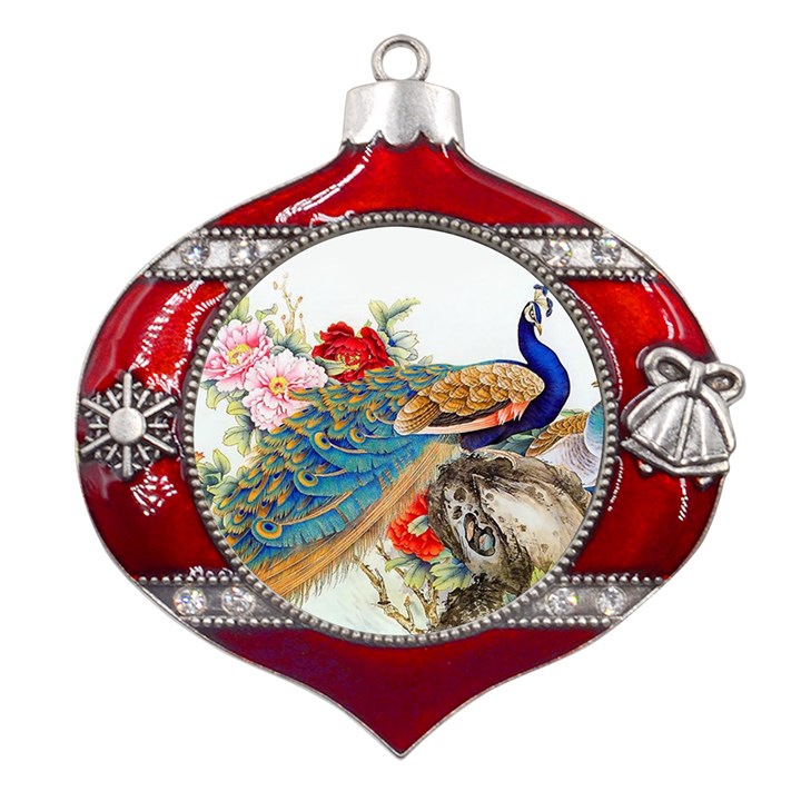 Birds Peacock Artistic Colorful Flower Painting Metal Snowflake And Bell Red Ornament