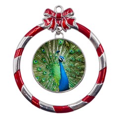 Peafowl Peacock Metal Red Ribbon Round Ornament by Sarkoni