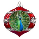 Peafowl Peacock Metal Snowflake And Bell Red Ornament Front