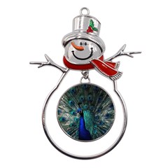 Blue And Green Peacock Metal Snowman Ornament by Sarkoni