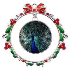 Blue And Green Peacock Metal X mas Wreath Ribbon Ornament